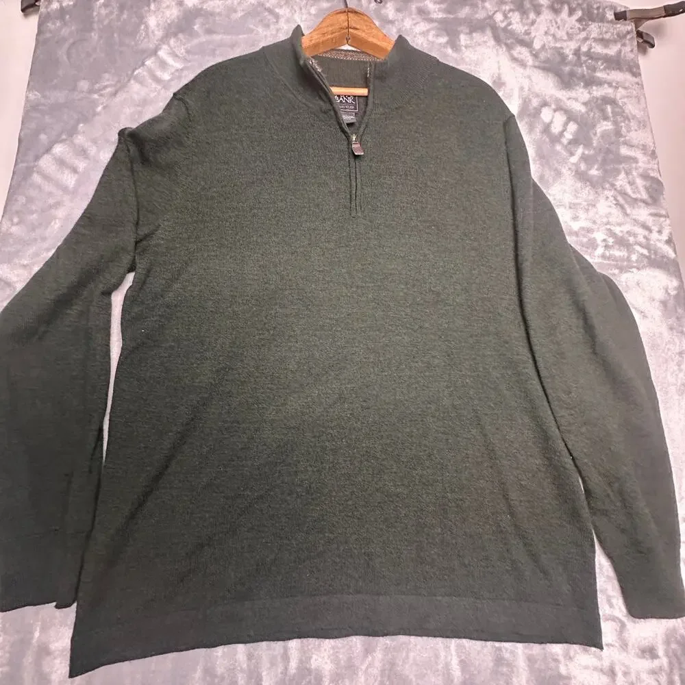 Jos A Bank Traveler  1/4 Zip Merino Wool Green Pullover Sweater Size Large‎